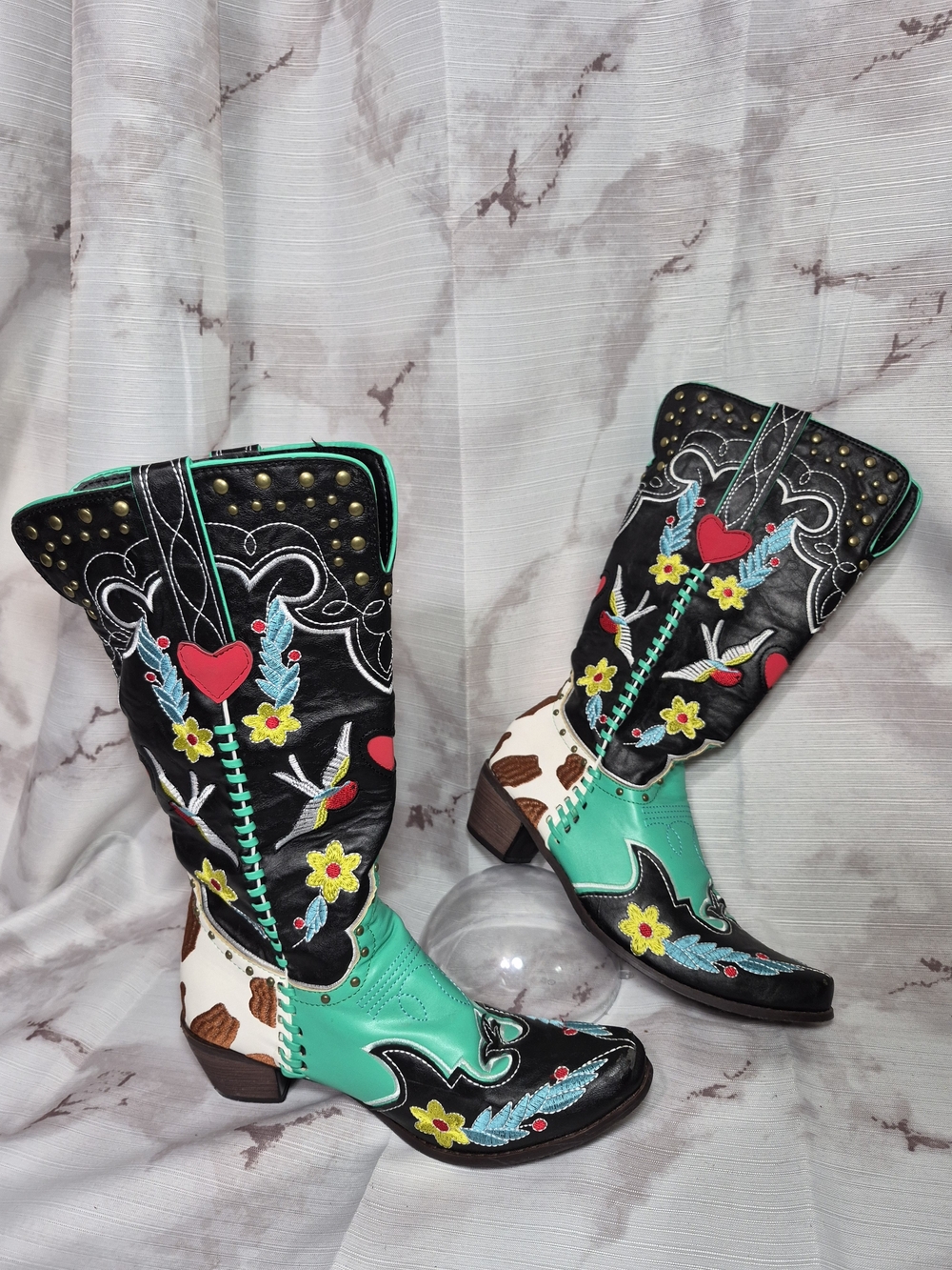 Turquoise & Black Embroidered Western Cowgirl Boots By Scaoruki - Picture 6 of 10